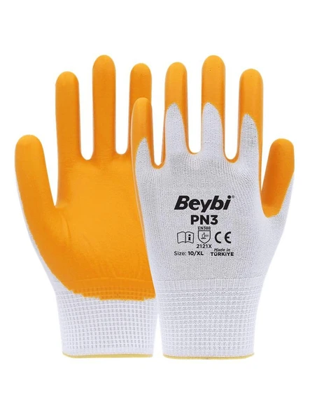 Beybi PN3 Beyaz Sarı 10 Beden Polyester Örme Nitril Eldiven 12li Paket EN388 (2121X) ürün görseli 1