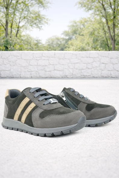 Rakerplus Deri Gri Kum Rengi Fermuarlı Sneaker Spor Ayakkabı ürün görseli 1