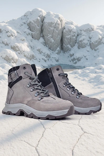 Rakerplus Hakiki Deri Gri Bağcıklı Fermuarlı Trekking Çocuk Bot ürün görseli 1