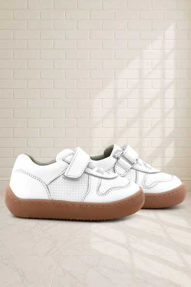 Rakerplus Bob Hakiki Deri Beyaz Barefoot Cırtlı Lastikli Bebek Sneaker Ayakkabı ürün görseli 1
