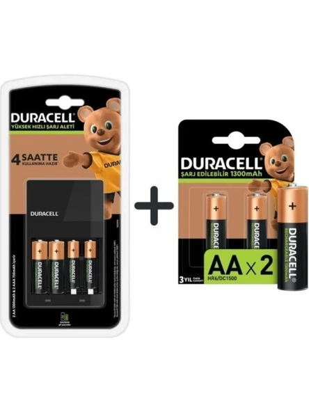 Duracell Cef 14 Şarj Aleti + 2'şer Adet Aa ve Aaa Pil ( 4 Saat Şarj Cihazı, 1 Adet) + AA 1300 mAh Piller, 2 Li Paket ürün görseli 1