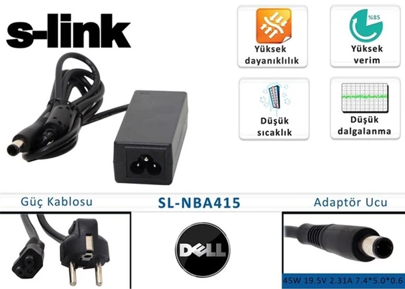 S-link sl-nba415 45w 19.5v 2.31a 7.4-5.0-0.6 Dell Notebook Adaptörü ürün görseli 1