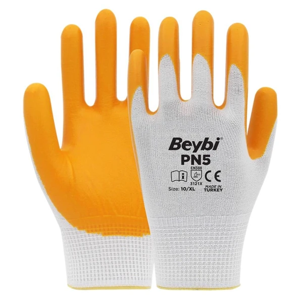 Beybi Nitril PMK PN5 Beyaz Sarı Örme Polyoster Nitril 10 Beden 12li Paket EN388 (3121X) ürün görseli 1