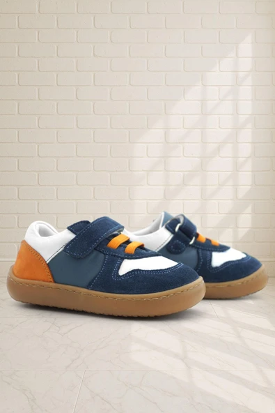 Rakerplus Bob Hakiki Deri Lacivert Beyaz Barefoot Cırtlı Lastikli Bebek Sneaker Ayakkabı ürün görseli 1