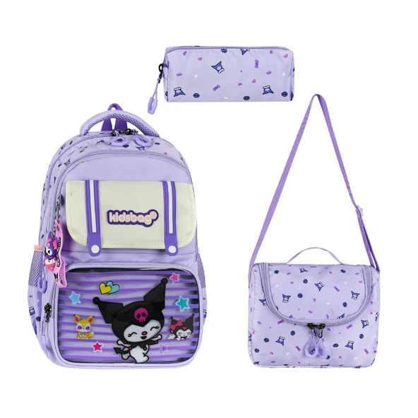 İlkokul Kız Çocuk Çantası 3'lü Set Kuromi Benzeri 40*30 Cm Beslenme Çantası Kalem Kutusu Ortopedik ürün görseli 1