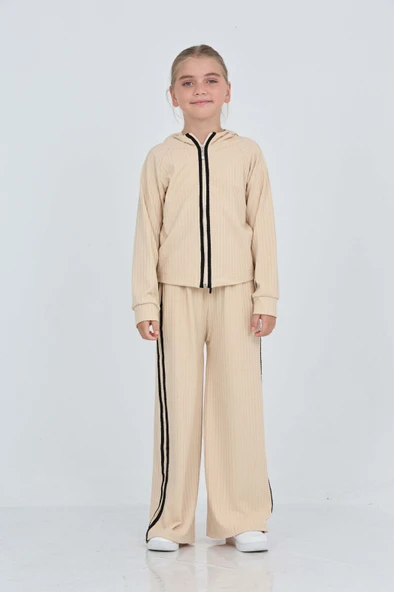 Toontoy Kız Çocuk 2'li Takım Kapüşonlu Fermuarlı Reglan Kol Sweatshirt & Beli Lastikli Bol Paça Eşofman Altı - Şerit Detaylı & Fitilli ürün görseli 1