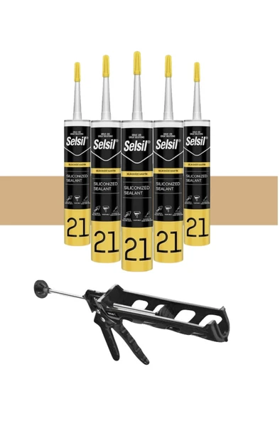 Silikonize Bej Mastik 500 Gr. 5 Adet +  Plastik Silikon Tabancası
