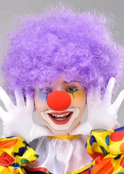 Mey İthalat® Mor Renk Kıvırcık Afro Bonus Peruk Takma Saç ve Kırmızı Burun Seti ürün görseli 1