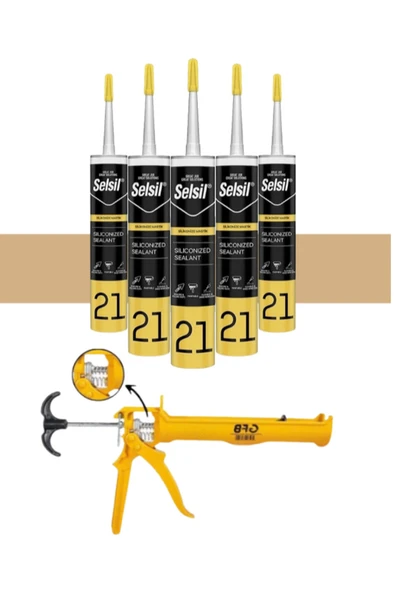 Silikonize Bej Mastik 500 Gr. 5 Adet +   Alüminyum Silikon Tabancası