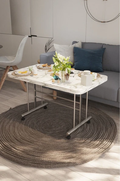 Avenza Living Tekerlekli Masa Orta Sehpa BEYAZ MERMER 70x110 Cm Metal Ayak ürün görseli 1