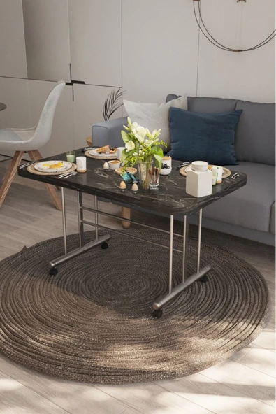AVENZA LİVİNG tekerlekli masa orta sehpa 60x100 siyah mermer metal ayak ürün görseli 1