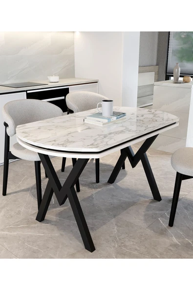 AVENZA LİVİNG Gofret Masa BEYAZ MERMER 70X120 METAL AYAK Yemek Masası ürün görseli 1