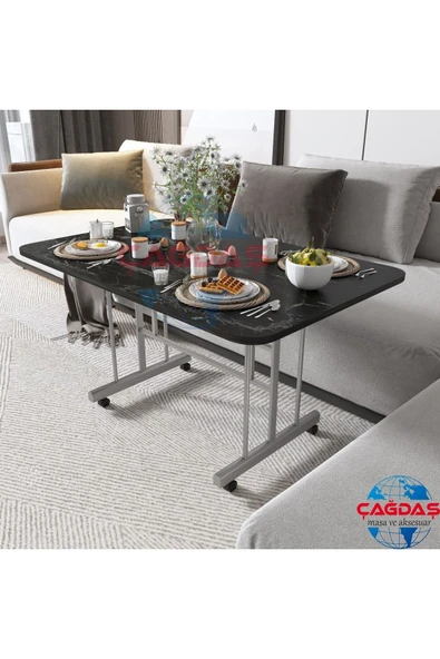 AVENZA LİVİNG Tekerlekli Masa Orta Sehpa 70x110 siyah mermer Metal Ayak ürün görseli 1
