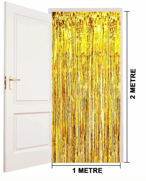 Mey İthalat® Altın Gold Renk Ekstra Metalize Parlak Saçaklı Arka Fon Perde İthal  1x2 Metre ürün görseli 1
