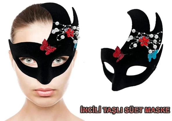 Mey İthalat® Siyah Renk İncili Taşlı Süet Kaplama Venedik Parti Maskesi 20x22 cm ürün görseli 1