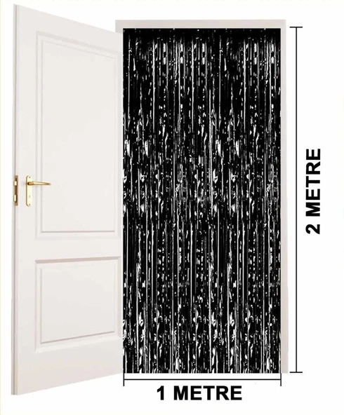 Mey İthalat® Siyah Renk Ekstra Metalize Parlak Saçaklı Arka Fon Perde İthal  1x2 Metre ürün görseli 1