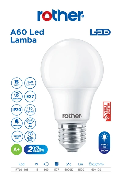 RTL01105-10 Rother A60 LED Ampul 15W E27 1520 Lümen 6000K Beyaz Işık Enerji Tasarruflu Ampul 10 Adet ürün görseli 1