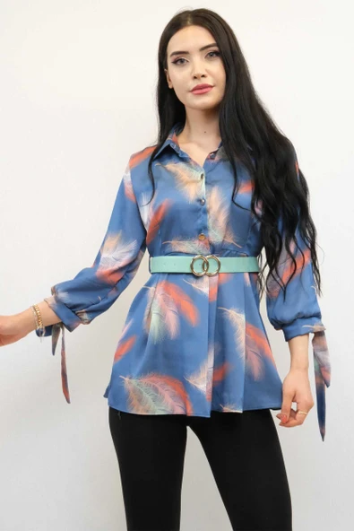 Moda Çizgi Kemerli Gömlek Tunik İndigo ürün görseli 1