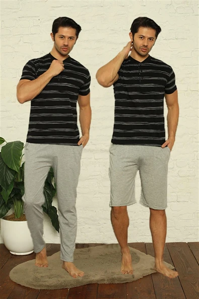 Moda Çizgi Erkek Siyah 3'lü Pijama Takım 6823 ürün görseli 1