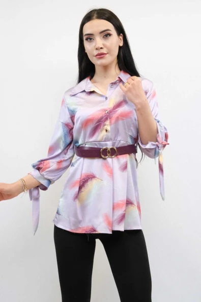Moda Çizgi Kemerli Gömlek Tunik Lila - Resim 2