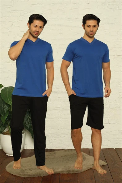 Moda Çizgi Erkek Sax V Yaka 3'lü Pijama Takım 6822 ürün görseli 1