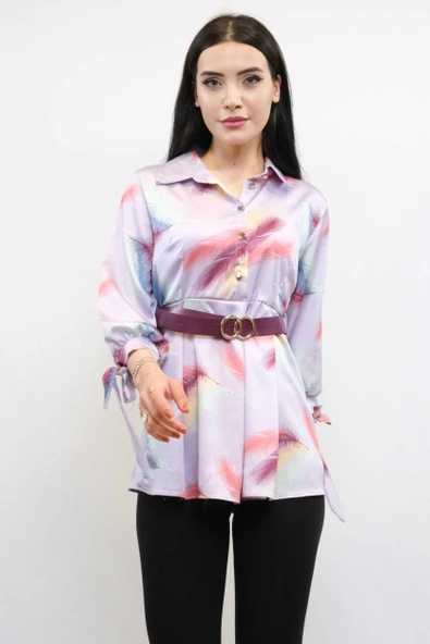 Moda Çizgi Kemerli Gömlek Tunik Lila - Resim 3