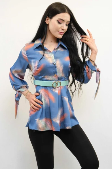 Moda Çizgi Kemerli Gömlek Tunik İndigo - Resim 3