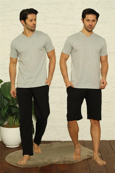Moda Çizgi Erkek Gri V Yaka 3'lü Pijama Takım 6822 ürün görseli 1