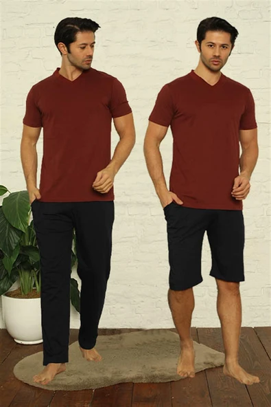 Moda Çizgi Erkek Bordo V Yaka 3'lü Pijama Takım 6822 ürün görseli 1
