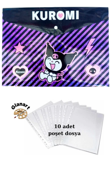 a4 boy çıt çıt  ödev dosyası +10' lu poşet dosya kuromi mor ürün görseli 1