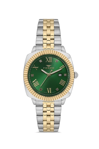 Ferro FL21625AWT-D6 Quartz Çelik Altın/Gri Yeşil Kadran 32 mm Kadın Kol Saati ürün görseli 1