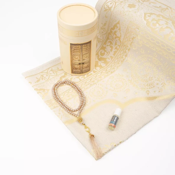 Seccade + Tesbih + Esans Hediye Seti (Kabe Desen, Gold) - Resim 2