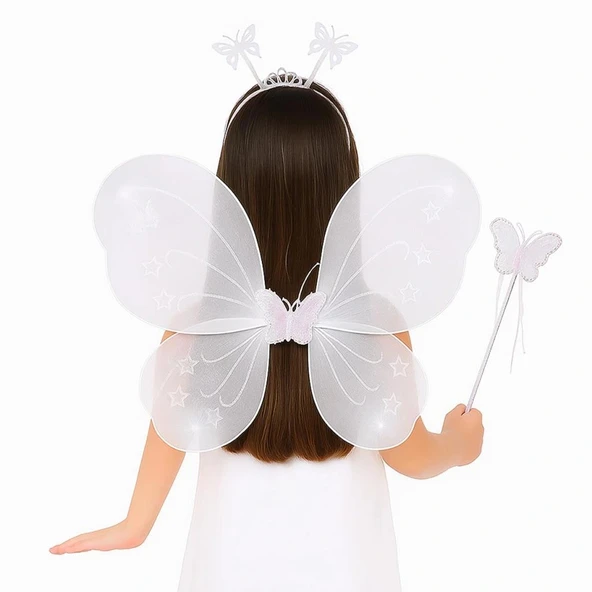 Nessiworld Beyaz Kelebek Kız Seti – 50 cm Kelebek Kanadı, Taç ve Asa ürün görseli 1