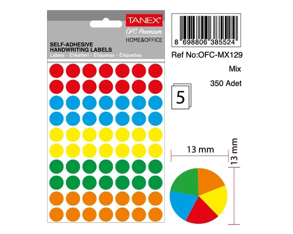 Tanex Ofc-129 Mıx Color Ofis Etiketi 13mm 350 Adet ürün görseli 1