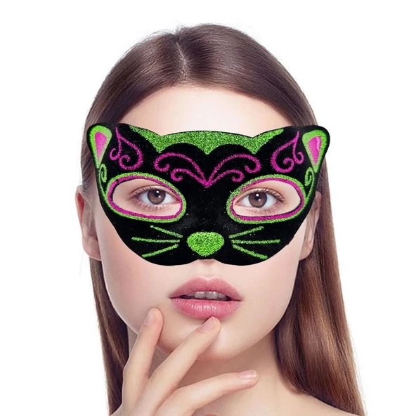 Mey İthalat® Siyah Kadife Kaplama Üzeri Pembe Yeşil Sim İşlemeli Kedi Maskesi 20x13 cm ürün görseli 1