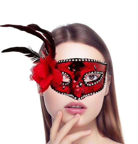 Mey İthalat® Kırmızı Renk Yandan Tüylü Güllü Gümüş Taşlı Pullu Maske 20x22 cm ürün görseli 1