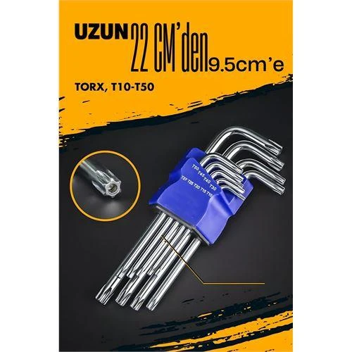 Modacar Uzun Torx Anahtar Seti Yıldız Alyan Seti - Torx Allen Anahtarı 9 Parça ürün görseli 1