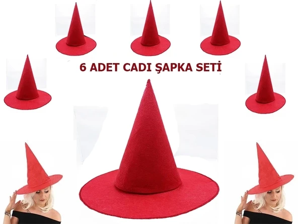 Mey İthalat® Kırmızı Renk Keçe Cadı Şapkası Yetişkin Çocuk Uyumlu 6 Adet ürün görseli 1