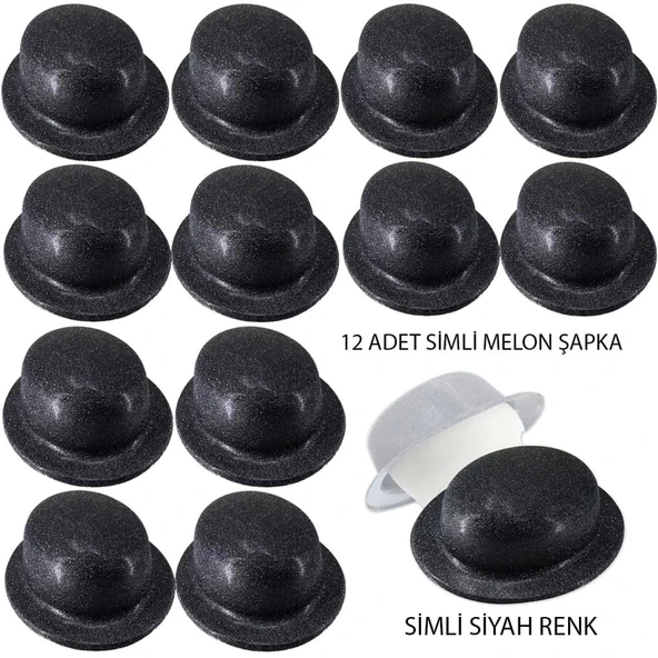 Mey İthalat® Siyah Renk Simli Melon Yuvarlak Parti Şapkası 12 Adet ürün görseli 1