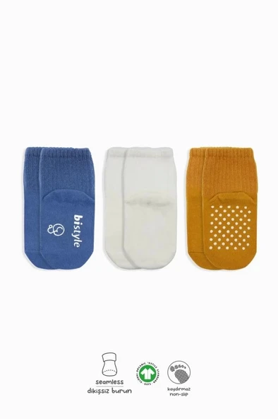 Mey İthalat®   3'Lü Basic Kaymaz Penye Soket Çorap 10107 İndigo Ekru Hardal ürün görseli 1