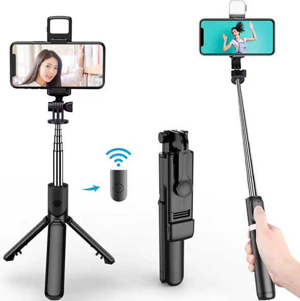 SİYAH RENK IŞIKLI BLUETOOTH KUMANDALI DİKEY VE YATAY ÇEKİM TRİPODLU SELFİE ÇUBUĞU ÖZ ÇEKİM TRİPODU ürün görseli 1