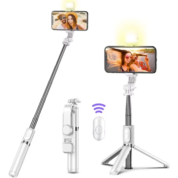 BEYAZ RENK IŞIKLI BLUETOOTH KUMANDALI DİKEY VE YATAY ÇEKİM TRİPODLU SELFİE ÇUBUĞU ÖZ ÇEKİM TRİPODU ürün görseli 1