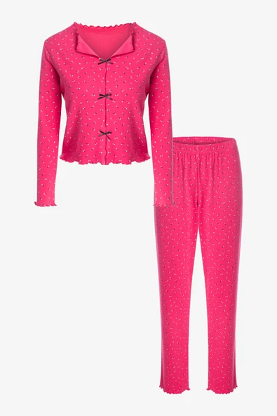 Kadın Pamuklu Çıtır Çiçek Desenli Baby Overloklu Fiyonklu Uzun Kollu Pijama Takımı ürün görseli 1