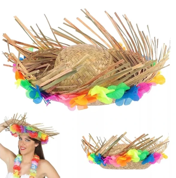 Mey İthalat® Naturel Renk Püsküllü Örme Hasır Hawaii Luau Aloha Şapka 13x36 cm ürün görseli 1