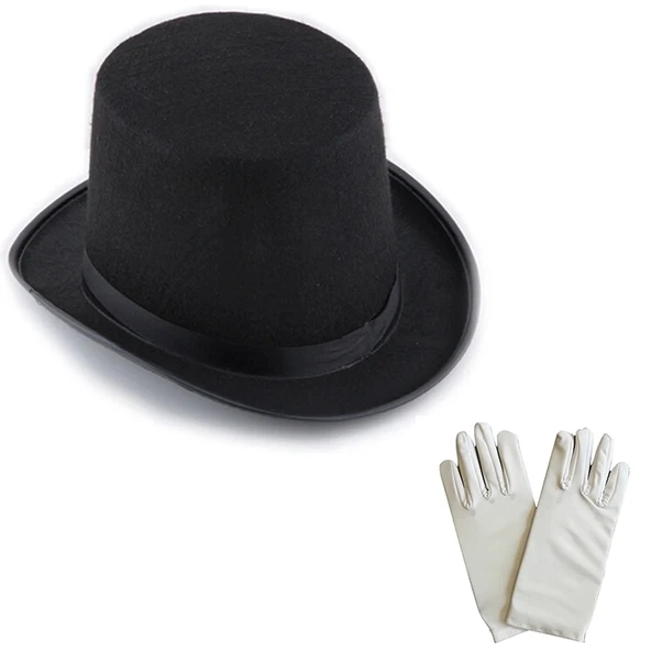 Mey İthalat®  Siyah Sihirbaz Fötr Şapka 15 cm - 1 Çift Beyaz Sihirbaz Eldiveni - Yetişkin Boy ürün görseli 1