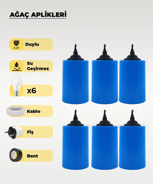 Hazır Set Kot Mavi Silindir Ağaç Feneri - 6 Adet (Gün Işığı Ampul, Kablo, Fiş ve Bant Dahil) ürün görseli 1