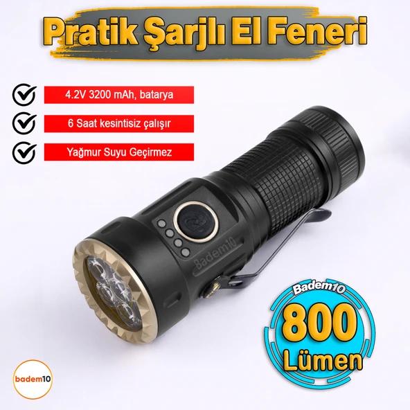 30W 800 Lümen Usb Şarjlı Ledli Kamp Taktik El Feneri Su Geçirmez Metal Gövde Araç Yüksek Işık Gücü ürün görseli 1