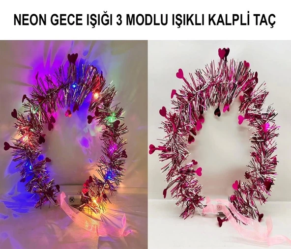 Mey İthalat® Kalp Püsküllü Gece Parıltısı 3 Modlu LED li Işıklı Taç Fuşya Renk ürün görseli 1