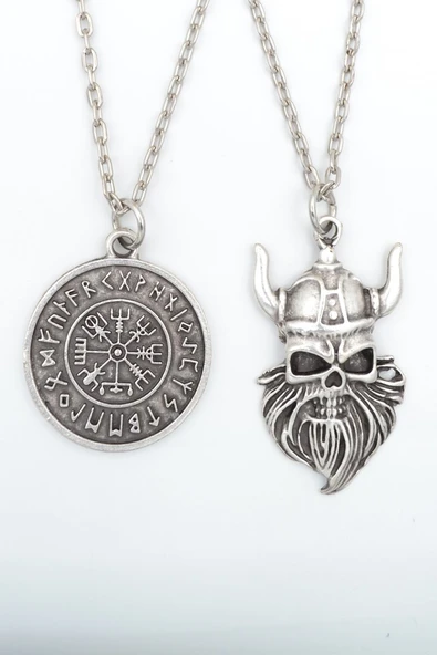 2'li Viking Sakallı Kuru Kafa - Viking Pusula Gümüş Kaplama Kolye Seti ürün görseli 1