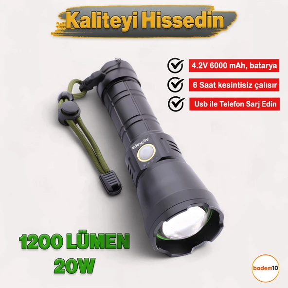 1200 Lümen 20W  6000 mAh Şarjlı Powerbank Ledli El Feneri Parlak Uzun Menzil Su Geçirmez Kamp Fener ürün görseli 1